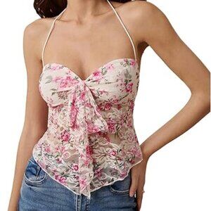 Women's Summer Floral Lace Halter Tops Knot Front Backless Y2k Tank Crop Top